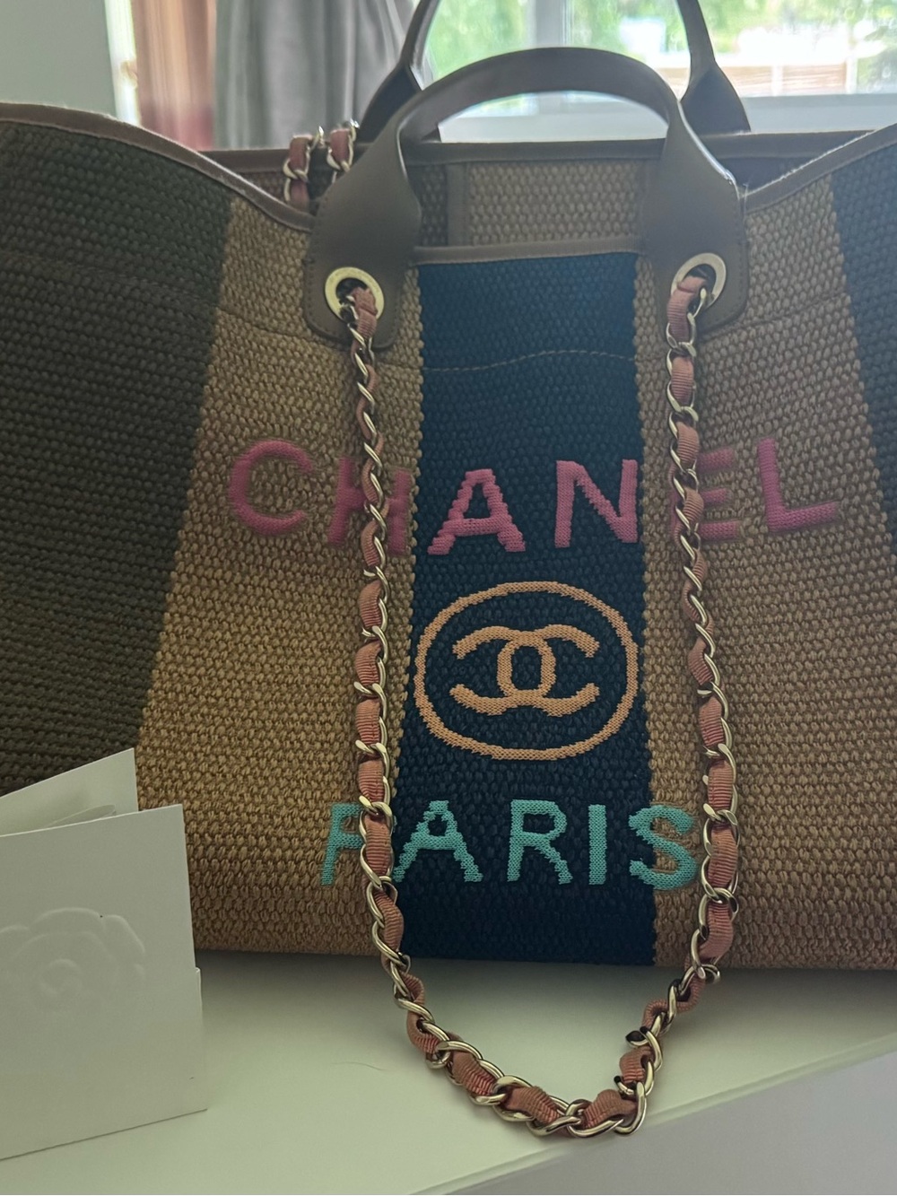 CHANEL Brown Straw Tote with Pink & Teal Embroidery and Navy Stripe - Picture 1 of 5